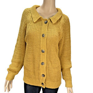 Garnet Hill Maren Button Cardigan Sweater Size L Brass Gold Linen Organic Cotton